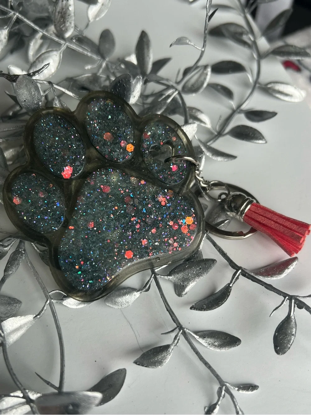 Large Coral and Grey Glitter Paw Keychain Resin - Pink Tassel